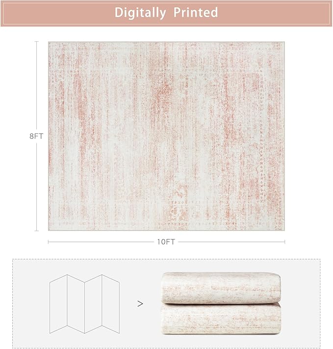 Washable Rugs 8x10 Area Rugs for Living Room,Rugs for Bedroom,Large Carpets,Ultra Soft Faux Wool Retro Dining Room Rug,Non Slip&Non-Shedding Low Pile Vintage Print Rug for Home Office-Pink White