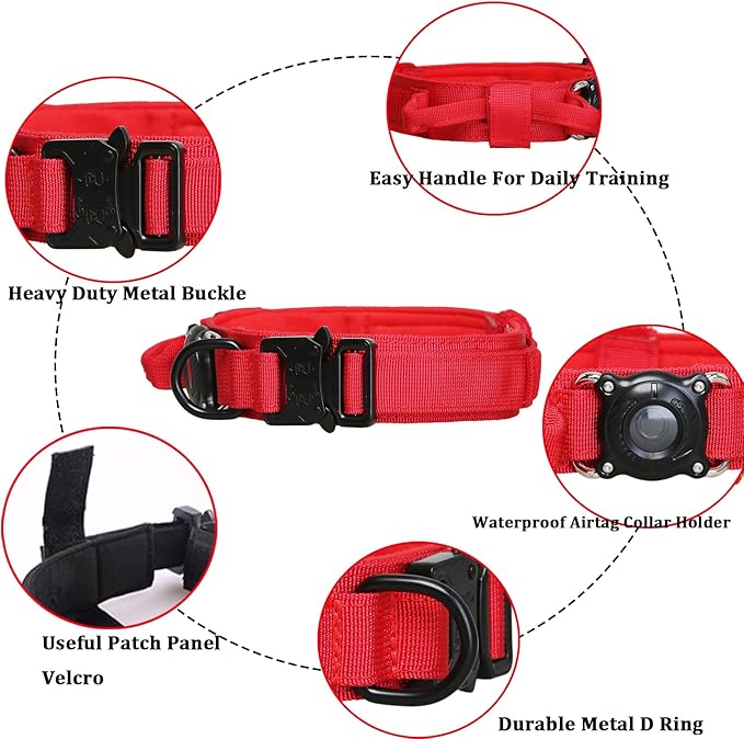 Xqpetlihai Upgraded AirTag Dog Collar Waterproof Tactical Dog Collar with AirTag Holder Heavy Duty Dog Collars for Large Dogs(Red，M