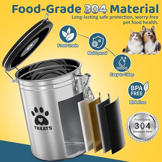Dog Treat Container Airtight- 7.2"x4.7" /1.8L Stainless Steel Cat Treat Jar for Kitchen Counter with Scoop, Pet Storage for Fresh Dog Cookie
