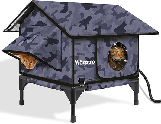 Gable Heated Cat House for Outside Cats in Winter, 100% Waterproof, Escape Door, Elevated, Insulated Outdoor Cat House Shelter with Heater for Feral Cat (Camo Black, 16"x16"x19")