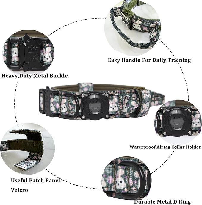 Xqpetlihai Upgraded AirTag Dog Collar Waterproof Tactical Dog Collar with AirTag Holder Heavy Duty Dog Collars for Large Dogs (Rabbit，XXL
