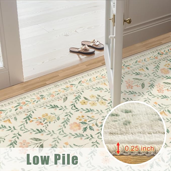 Runner Rug for Entryway: 2x6 Kitchen Rugs Non Slip Washable Ultra-Thin Soft Floral Carpet Indoor Floor Stain Resistant Carpets for Hallway Bedroom Kitchen Laundry Bathroom Dorm Beige/Multi