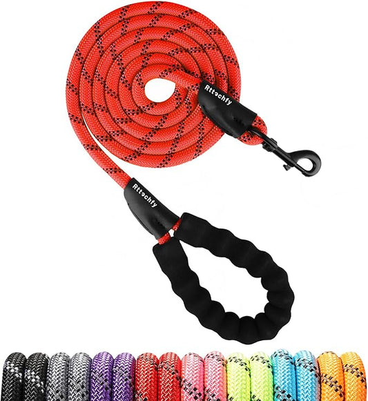 Rttochfy Rope Dog Leash 2/4/5/6/8/10 FT with Comfortable Padded Handle and Highly Reflective Threads for Small Medium and Large Dogs Heavy Duty (1/2"-8 FT, Red)