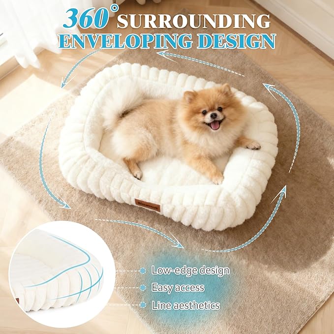 Washable Dog Bed Medium Size Dog, Soft Plush Calming Puppy Bed with Anti-Slip Bottom & Portable Handle, Cream Orthopedic Rectangle Anti-Anxiety Small Pet Kennel Bed, 30" x 24" x 5"