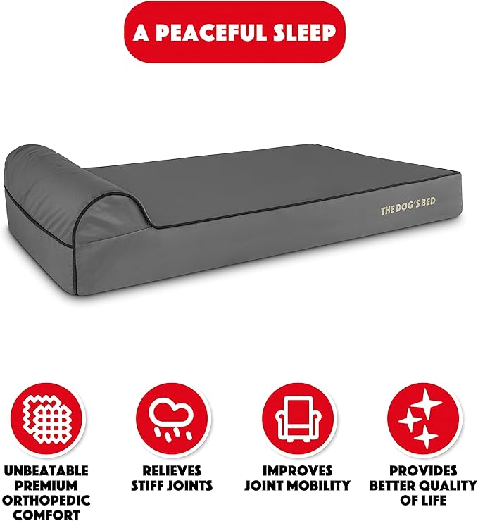 The Dog’s Bed Orthopedic Memory Foam Dog Bed with Headrest, Oxford Fabric, Grey with Black Trim, XL, 6-Inch