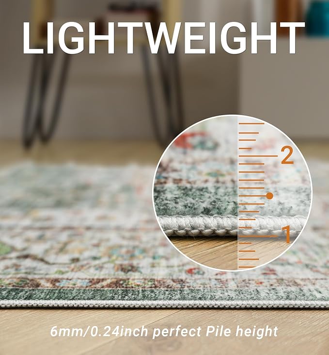 9x12 Area Rug,Ultra-Thin Washable Rugs for Living Room,Non-Slip Lightweight Foldable Area Rug,Stain Resistant Vintage Large Rugs (Green,9'x12')