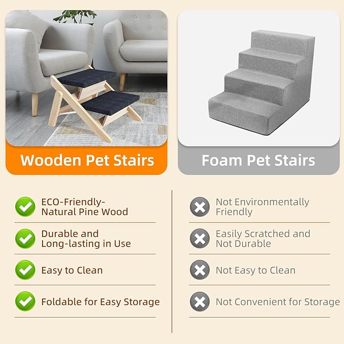Dog Stairs/Ramp for Bed, Wooden Convertible Pet Steps, Portable Dog Step Up to 180 Pound for Elderly/Short-Legged Dogs, 2 Steps for Beds, Couch, Cars