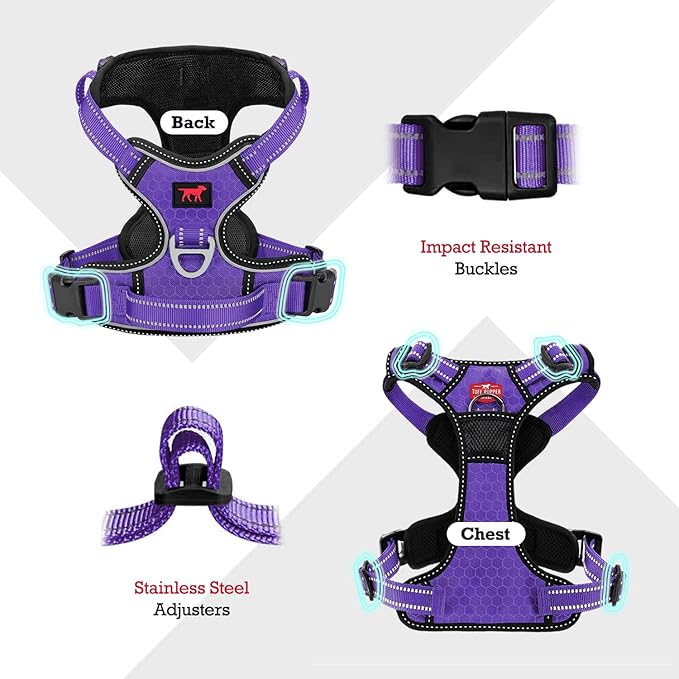 Tuff Pupper No Pull Easy Walk Dog Harness | Heavy Duty Pet Vest | Front & Back Leash Clips | Strong Safety Handle | Reflective Anti Pull Vest | Comfortable Padded Escape Proof Harness(X-Large, Purple)