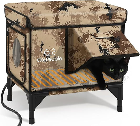Sturdy Outdoor Heated Cat House for Winter, Insulated Heated Cat House for Outside with Two Door, Feral Cat Shelter with Waterproof Awning, Outdoor Cat House Barn Stray Kitty