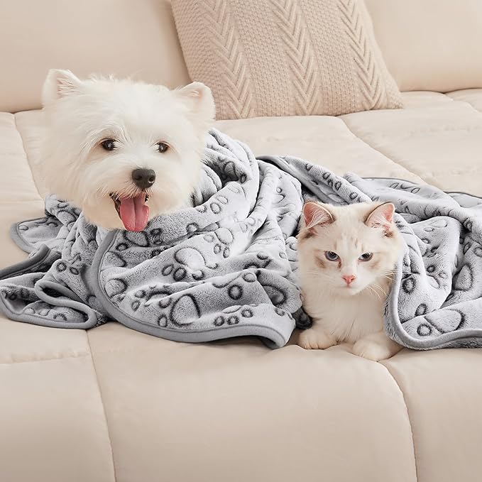 Luciphia 1 Pack 3 Blankets Fluffy Premium Fleece Pet Blanket Flannel Paw Printed Throw for Dog Cat Grey Paw Large(41"x31",Pack of 3)