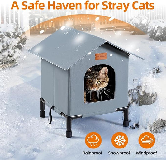 Insulated Cat Shelter Weatherproof Outdoor Cat House with Self-Warming Insulation Raised Bottom and Waterproof Roof for All-Season Protection (Grey, Medium)