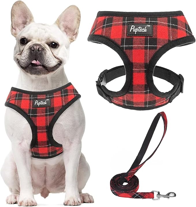 PUPTECK Soft Mesh Dog Harness and Leash Set Pet Puppy Cat Comfort Padded Vest No Pull Harnesses, Red&Black, S