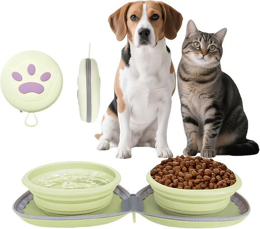 Collapsible 2-in-1 Dog Bowls: Leakproof Double Silicone Food & Water Bowl for Travel, Camping, Hiking - Portable Cat & Dog Feeding Supplies (Beige)