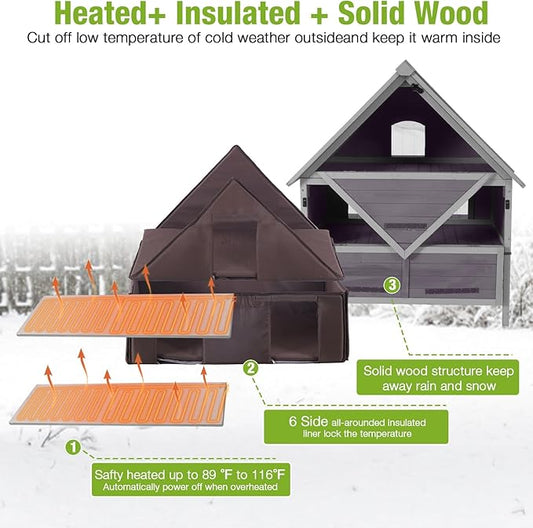 GUTINNEEN Heated Outdoor Cat House Insulated Cat Shelter with 2 Separate Levels, Insulated Liner, Heating Pad, Large Porch, Three Escape Doors for 2-4 Feral Cats Weatherproof