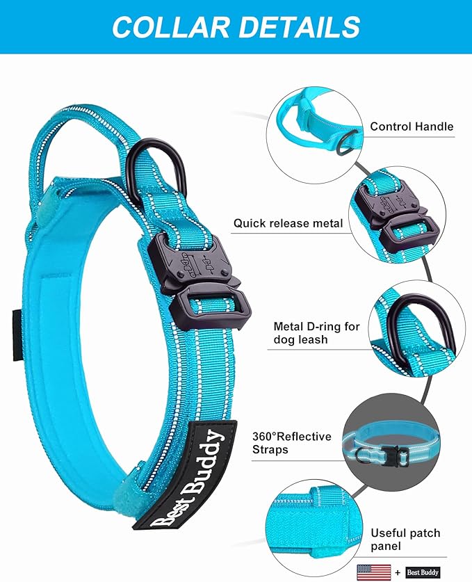 AUBELL Tactical Dog Collar and Leash Set, Reflective Adjustable Heavy Duty Military K9 Collars with Handle and Metal Buckle for Large Dogs, with Airtag Case and 2 Patches(Blue,L)