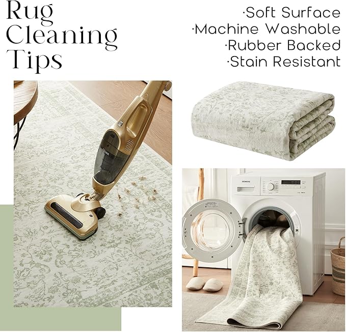 Sage Green Rug 5x7 Baby Girl Nursery Decor Neutral Boho Floral Pattern Distressed Design Washable Soft Cottagecore Area Rugs for Living Room Bedroom Light Green Low Pile No Slip Carpet 5 x 7