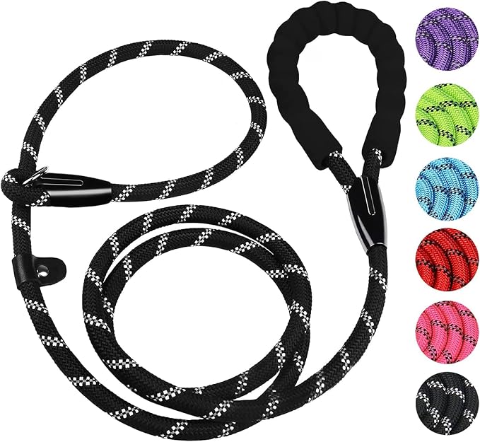 Dog Leash, 6 FT Heavy Duty Dog Leashes, Durable Premium Quality Strong Rope Slip Leash with Comfortable Padded Handle and Highly Reflective Threads for Small Medium and Large Dogs, (Black)