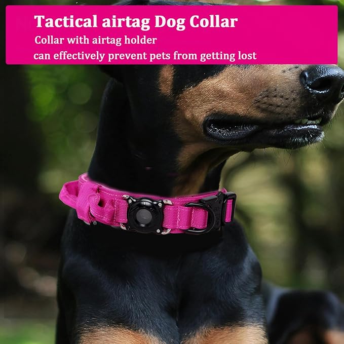 Xqpetlihai Upgraded AirTag Dog Collar Waterproof Tactical Dog Collar with AirTag Holder Heavy Duty Dog Collars for Large Dogs (Rose Red，XL