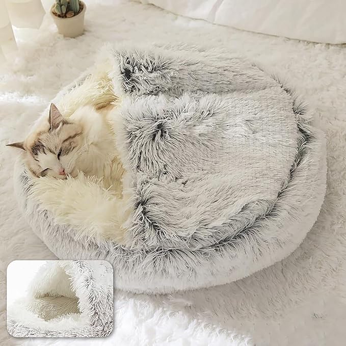 ShinHye Plush Fluffy Hooded Cat Bed Cave, Cozy for Indoor Cats or Small Dogs - Waterproof, Washable, 2626inch, Grey