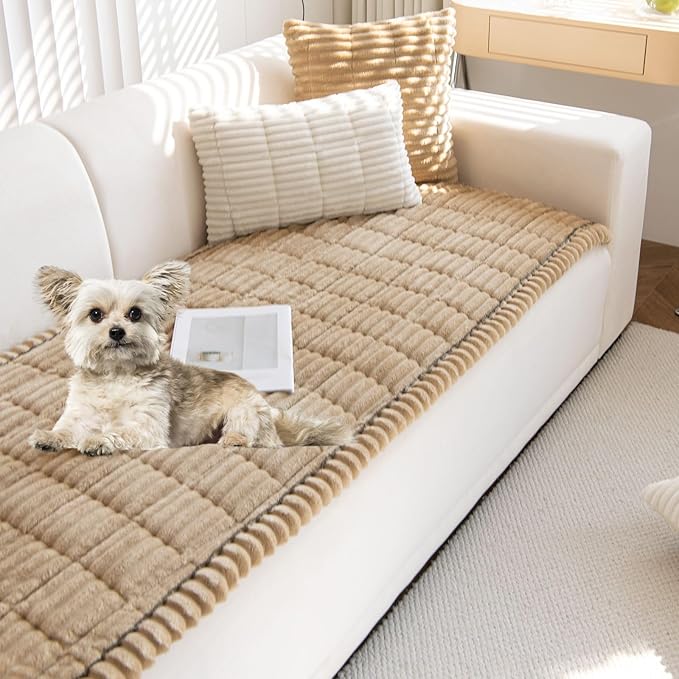 Faux Fur Plush Dog Couch Cover 3D Stripe Fuzzy Sofa Cover Non-Slip Fluffy Dog Bed Cover Pet Blanket Sofa Couch Furniture Protector for Puppy Large Dog Cat (Coffee,24"x35")
