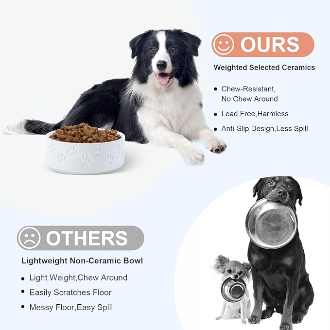 SPUNKYJUNKY Ceramic Dog Bowls 2 Pack, 7.3'' Dog Food Water Double Feeding Bowls Non-Slip for Medium to Large Sized Breed Microwave Dishwasher Safe - 42 OZ, 2pcs, Paw White