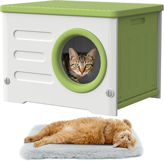 Outdoor Cat House - Weatherproof Heavy-Duty Feral Cat Shelter, Insulated Elevated Stackable Plastic Cat Houses for Outdoor/Indoor Use with Cushion (Green)