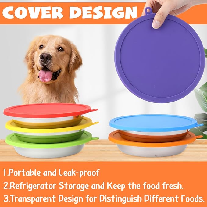Patelai 12 Pcs Stainless Steel Dog Bowls with Silicone Lids Portable Food and Water Dishes for Pets Sealable Containers for Small Medium Dog Cat Indoor, 6.3 Inch (Red,Blue,Green,Purple)