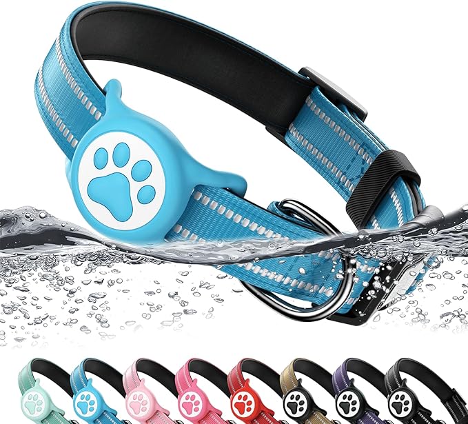 Airtag Dog Collar, Reflective Ultra-Durable Nylon Padded with QR Code Buckle & IP68 Waterproof Air Tag Holder Compatible for Apple AirTag, Comfortable for Small Medium Large Dogs(Blue,M)