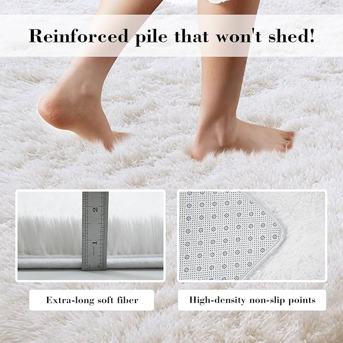 Fluffy Rug Shaggy Area Rug, White 2x4 Area Rugs for Bedroom, Small Bedside Rug, Soft Fluffy Shaggy Entryway Throw Rugs for Living Room Bedroom Kids Room Home Decor