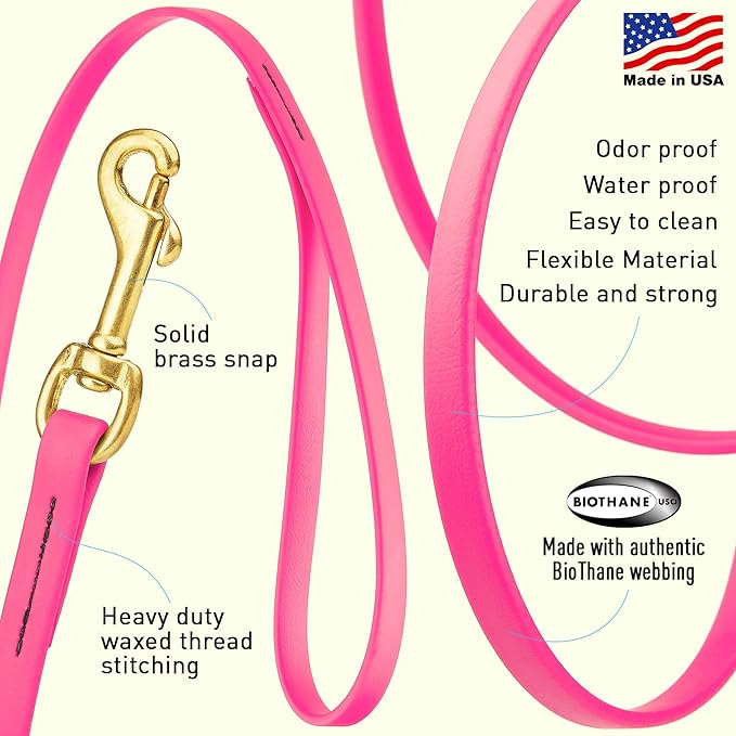 Viper Biothane K9 Working Dog Leash Waterproof Lead for Tracking Training Schutzhund Odor-Proof Long Line with Solid Brass Snap for Puppy Medium and Large Dogs, 33ft Passionfruit Pink