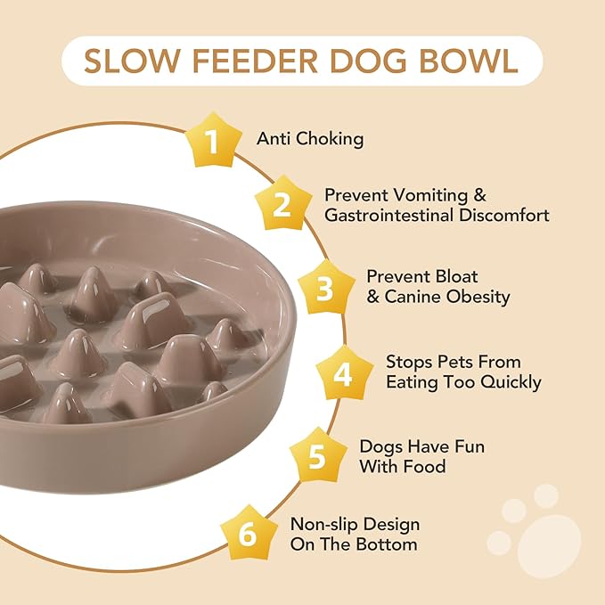Ceramic Raised Slow Feeder Dog Bowl Set, Elevated 7.3inch Bowl and 8.2inch Slow Pet Food Dish with Wooden Stand for Medium and Large Dog (2 x Brown Coffee+ Stand)