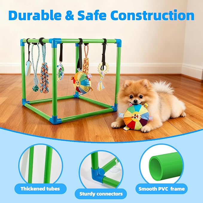 SpaceTime Puppy Play Gym with 8 Hanging Toys,Interactive Dog Toys to Keep Them Busy,Puppy Chew Rope/Rubber/Squeaky/Plush Toy for Indoor Small & Large Dogs,Durable Frame with Elastic Straps (Green)