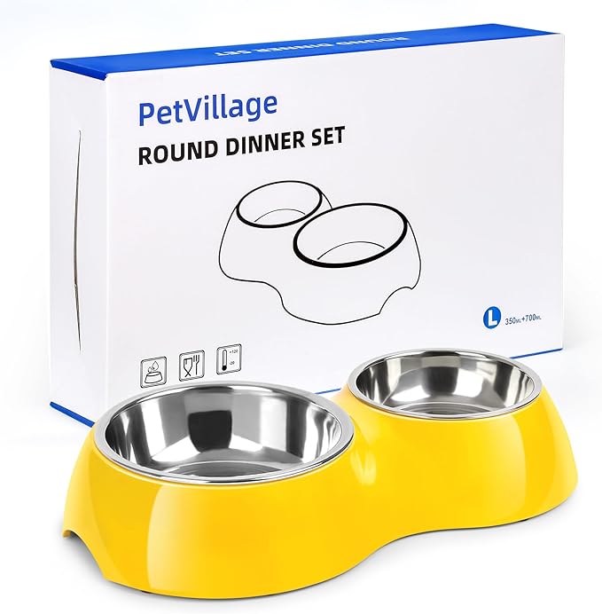 Elevated Dog Bowls Set - Non-Slip Raised Pet Feeder with Medium (2 Cups) & Large (4 Cups) Stainless Steel Bowls - Includes Durable Resin Stand for Corgi Puppies and Adult Cats - Yellow