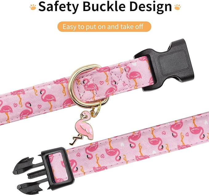 Cotton Dog Collar,Adjustable Cute Puppy Collar with Moon Patterned Design for Small Medium Large Dogs,Soft and Fancy Pet Collar with Safety Buckle for Girl Boy Dogs (Pink Flamingo, S)
