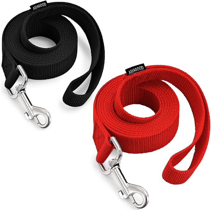 AMAGOOD 6 FT Puppy/ Dog Leash, Strong and Durable Traditional Style Leash with Easy to Use Collar Hook, Great for Small, Medium and Large Dogs (1" x 6 ft, Black and Red (2-Pack))