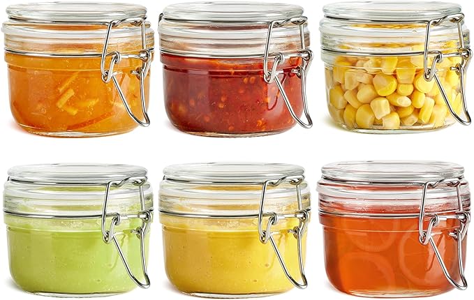 ComSaf 4oz Small Airtight Glass Jars Set of 6 with Lids Food Storage Jar Round, Mason Jar, Mini Storage Container with Clear Preserving Seal Wire Clip Fastening for Kitchen Canning, Jam, Spice, Honey