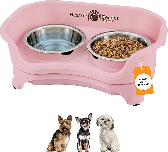 Neater Feeder Express Mess Proof Dog Bowls Elevated for Small Breeds Under 15 Lb, Made in USA, No Spill Raised Dog Food Bowl Stand, Stainless Steel Food and Water Bowl Set, Feeding Station, Pink
