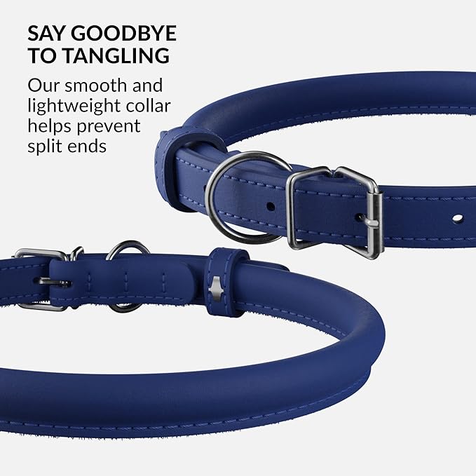CollarDirect Rolled Leather Dog Collar, Soft Padded Round Puppy Collar, Handmade Genuine Leather Collar Dog Small Large Cat Collars 13 Colors (15-19 Inch, Deep Blue Smooth)