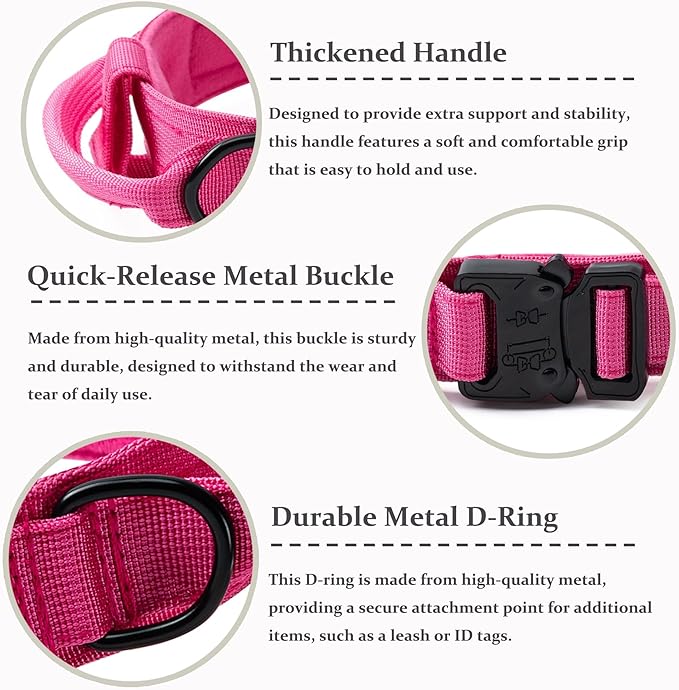 Tactical Dog Collar, Adjustable Military Training Nylon Dog Collar with Control Handle and Heavy Quick-Release Metal Buckle for Small Medium Large Dogs,Pink M