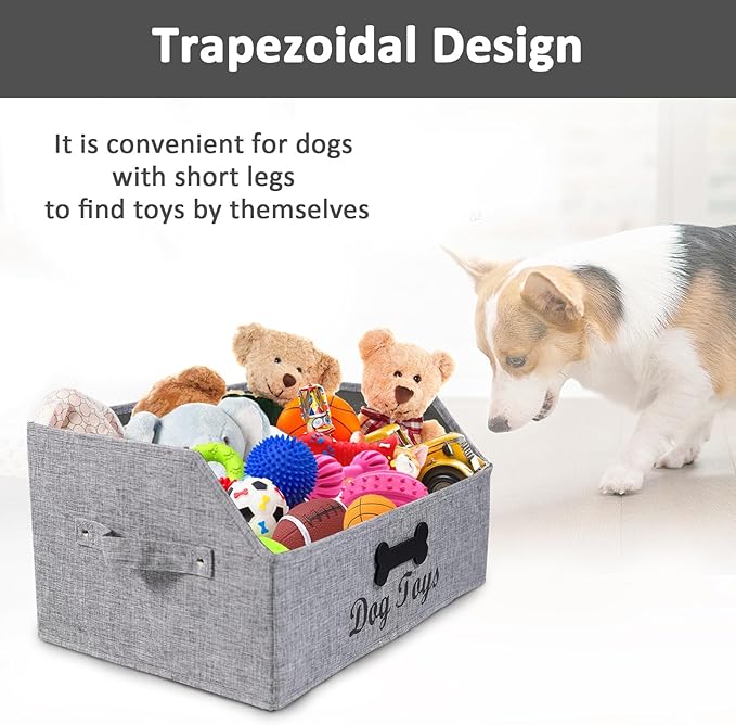 Large Dog Toy Basket Fabric Dog Toy Bin Collapsible Gray Dog Toy Box Trapezoid Dog Toy Storage for organizing Dog Chew Toys/Blankets/Leashes/Treats-Dog Storage Organizer-Can be Personalized
