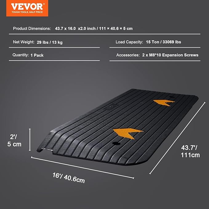 VEVOR 2" Rise Threshold Ramp Doorway, Recycled Rubber Power Wheelchair Ramp 3.64 Feet Long, 33069Lbs Load Capacity, Non-Slip Surface Rubber Solid Threshold Ramp for Wheelchair and Scooter