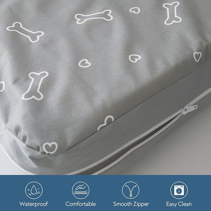 Waterproof Dog Bed Cover, Removable Dog Bed Covers Replacement Washable with Smooth Zipper, Indoor/Outdoor, Bone Print 16 x 24 x 3 Inch for Dog/Cat, Cover Only