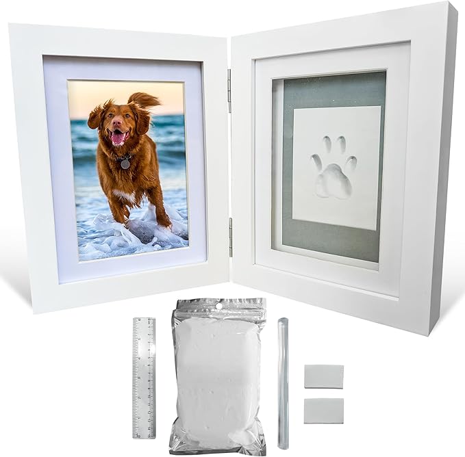 Green Pollywog | Paw Print Pet Keepsake Hinge Photo Frame + Clay Print Kit | Tabletop Photo Frame + Extra-Large Air-Dry Clay Imprint Kit | 4” x 6” Picture Openings
