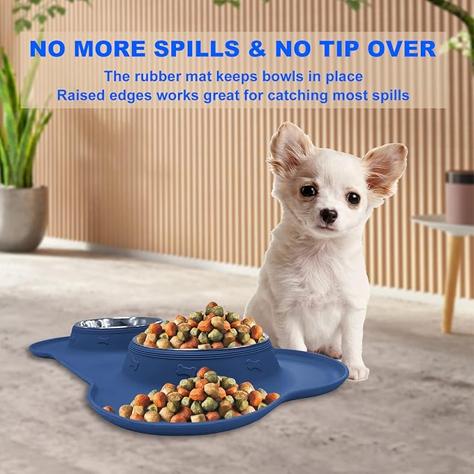 AsFrost Dog Food Bowls Stainless Steel Dog Food and Water Bowl Set, Dog Bowls No Spill Non Slip Silicone Mat, Dog Dishes for Small Medium Size Dogs Cat Puppy Pet Food Feeding Bowls, Blue, 12oz