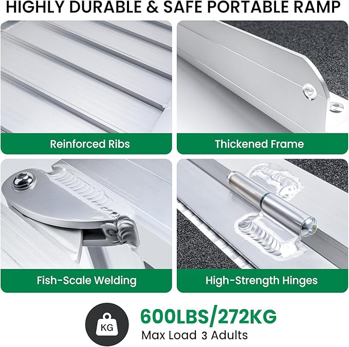 6 Feet Portable Wheelchair Ramp, 600 LBS Capacity Folding Aluminum Threshold Ramp with Anti-Slip Surface, Mobility Access Handicap Ramp for Home Steps, Doorway, Stairs, Doorways, Scooter