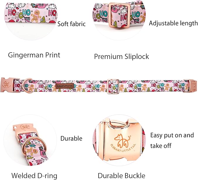 Elegant little tail Christmas Dog Collar, Pink Gingerbread Man Print Pet Collar Dog Durable Cute Dog Collars Winter Holiday Male or Female Pet Gift Adjustable Dog Collar for Large Dogs
