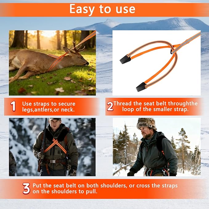 Deer Drag Harness Heavy Duty Orange Deer Drag Rope with Reflective Strip Soft Handle and Widened Shoulder Strap 400lb Capacity Deer Drag Set Perfect Men's Hunting Accessories and Gift for Hunters