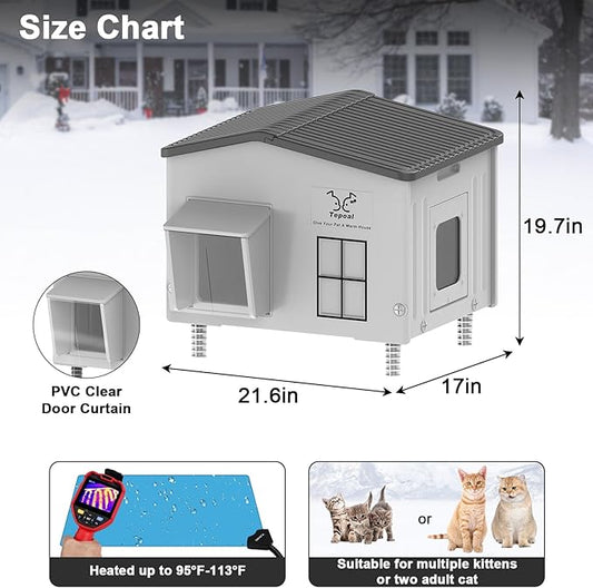 Large Plastic Heated Cat House for Outside in Winter, 100% Weatherproof & Insulated Outdoor Heated Cat House with Safe Escape Door, Elevated Feral Cats Shelter for Barn Cats 21.6"x17"x19.7"