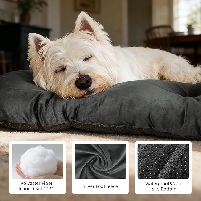 Washable Large Dog Bed for Medium & Large Breeds, Non-Slip Bottom & Plush Faux Silver Fox Fur Oval Cushion Pad for Big Dogs, Soft Mat for Crates, Dark Grey, 41x27 Inch