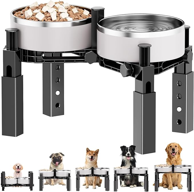 Aystkniet Dog Bowl Stand with Adjustable Height & Width, Anti-Slip Elevated Food Water Bowl Holder for Large Medium Small Dogs, Durable Raised Dog Feeder for Lifted Feeding, Only Stand (Without Bowls)